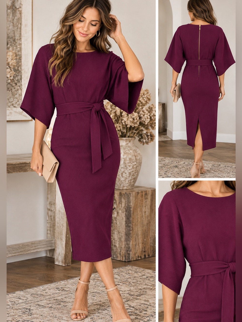 Closet London Purple Plum Ribbed Kimono Sleeve Belted Midi Dress US 8
